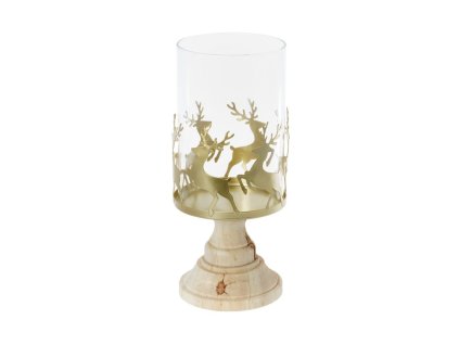 glass candle holder matt golden deer on wooden base dia 12 5cm x 25cm