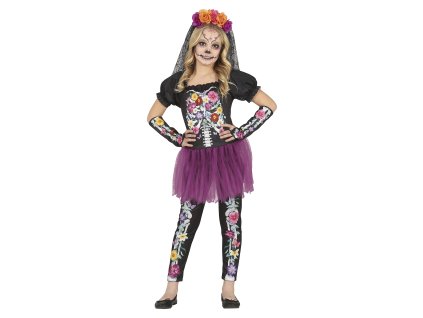 Dievčenský kostým - Dia De Los Muertos kostra (Rozmiar - dzieci S: 101-109 cm)