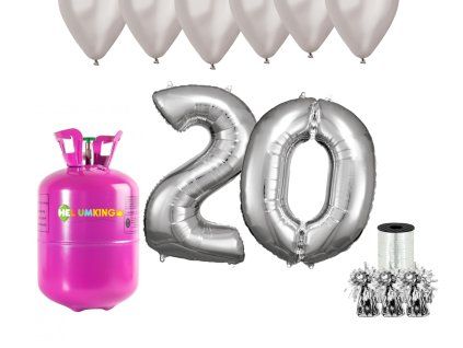 Hélium párty set na 20. narodeniny so striebornými balónmi