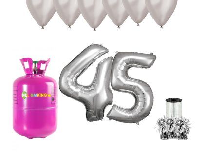 Hélium párty set na 45. narodeniny so striebornými balónmi