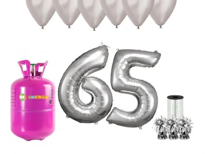 Hélium párty set na 65. narodeniny so striebornými balónmi