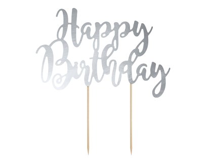 Decoraţiune pentru tort "Happy Birthday" - argintie
