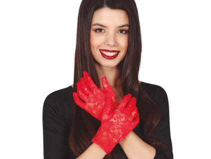 Mănuși - scurte, din dantelă, roșii 22 cm