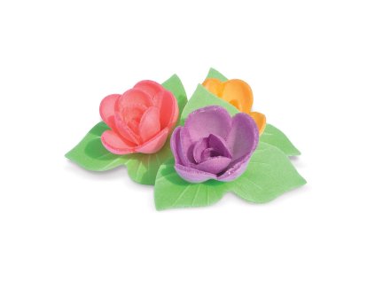 Decorațiuni comestibile pentru tort - Flori colorate cu frunze 6 buc