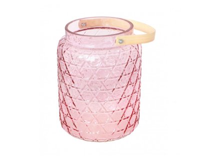 pastel pink glass candleholder w bamboo handle dia 18cm x 26 7cm