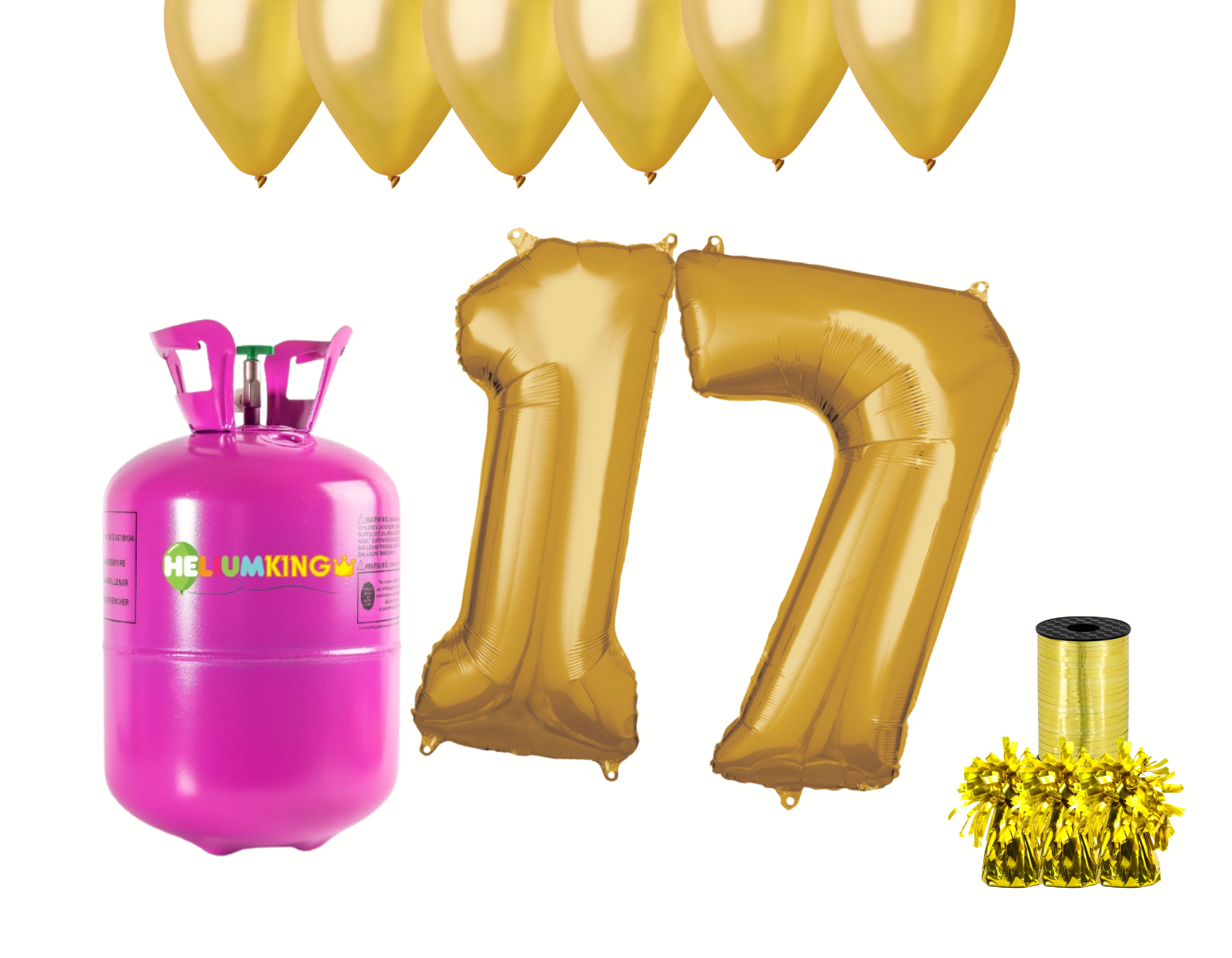 HeliumKing Set pentru petrecerea celei de a 17-a aniversări a zilei de naștere cu heliu și baloane aurii