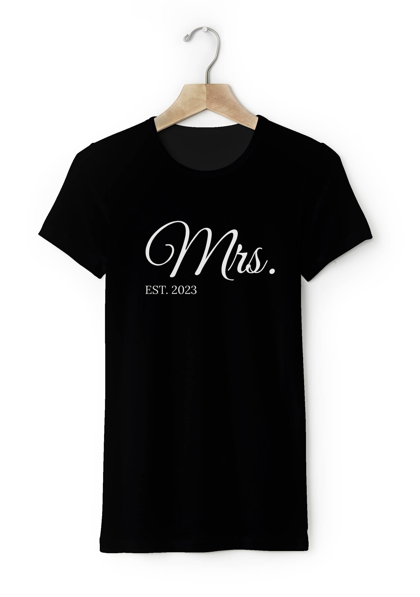 Tricou damă pereche cu text personalizat - Mrs. EST. Mărimea - Adult: M, Culori: Neagră