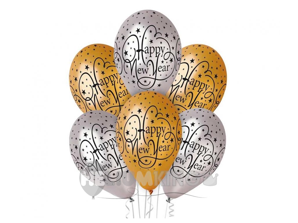 Šopek balonov - Srečno novo leto, zlati in srebrni 6 kosov