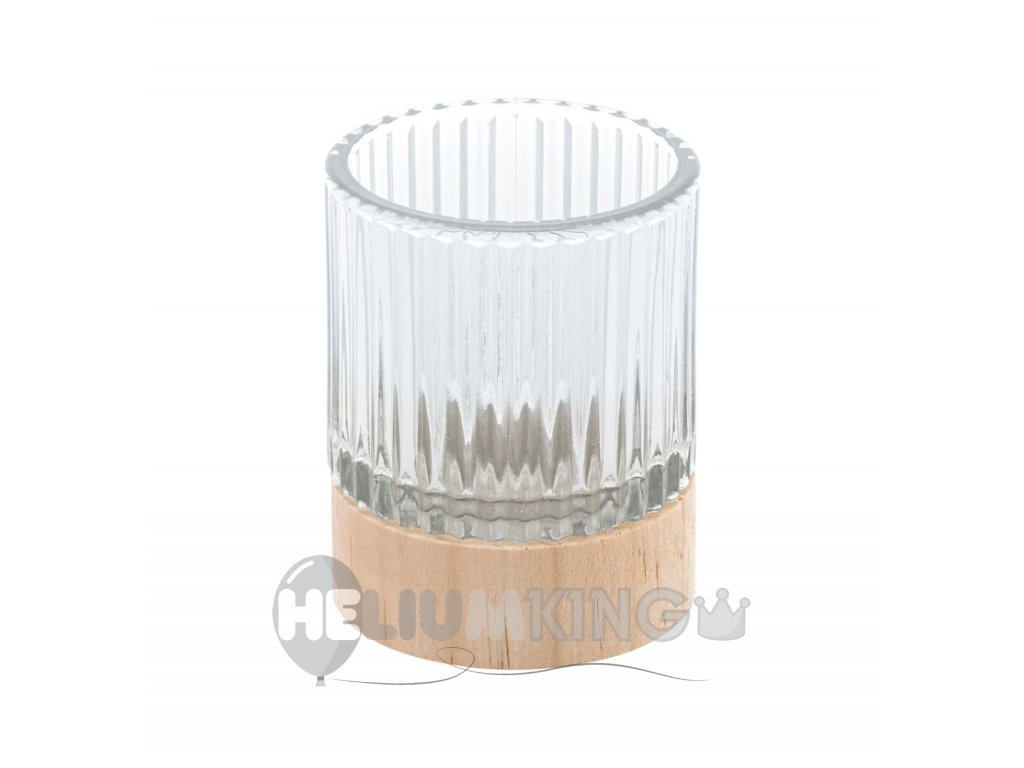 Stekleni svečnik z lesenim podstavkom 7 x 8,6 cm