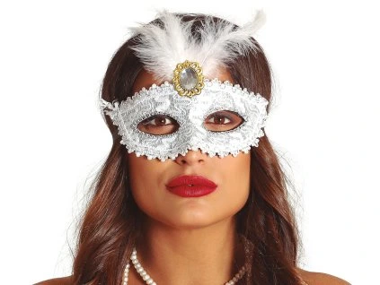 Biela škraboška s pierkom