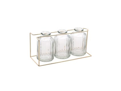 3 clear glass vases on golden metal stand 22cm x 8 5cm x 10 5cm (1)