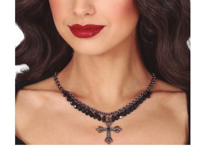 Náhrdelník - Čierne kamene s krížom