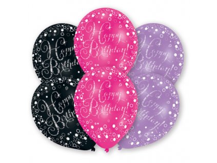 Latexové balóniky Happy Birthday ružové/čierne/fialové 6 ks