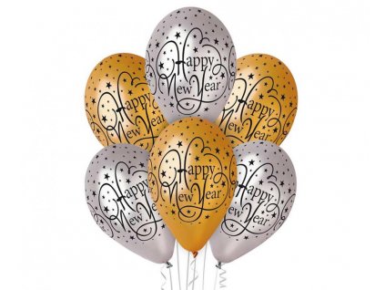 Balónová kytica - Happy New Year, zlaté a strieborné 6 ks