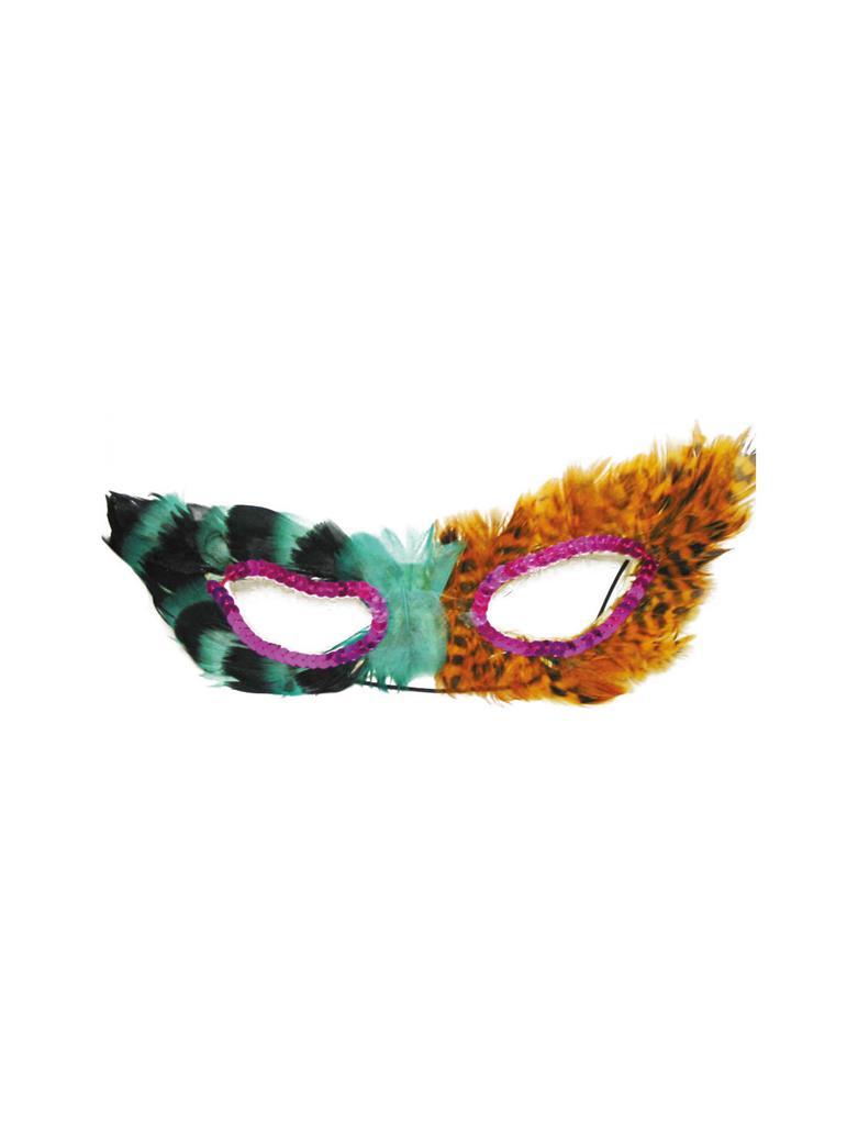 Pestrofarebná škraboška s pierkami