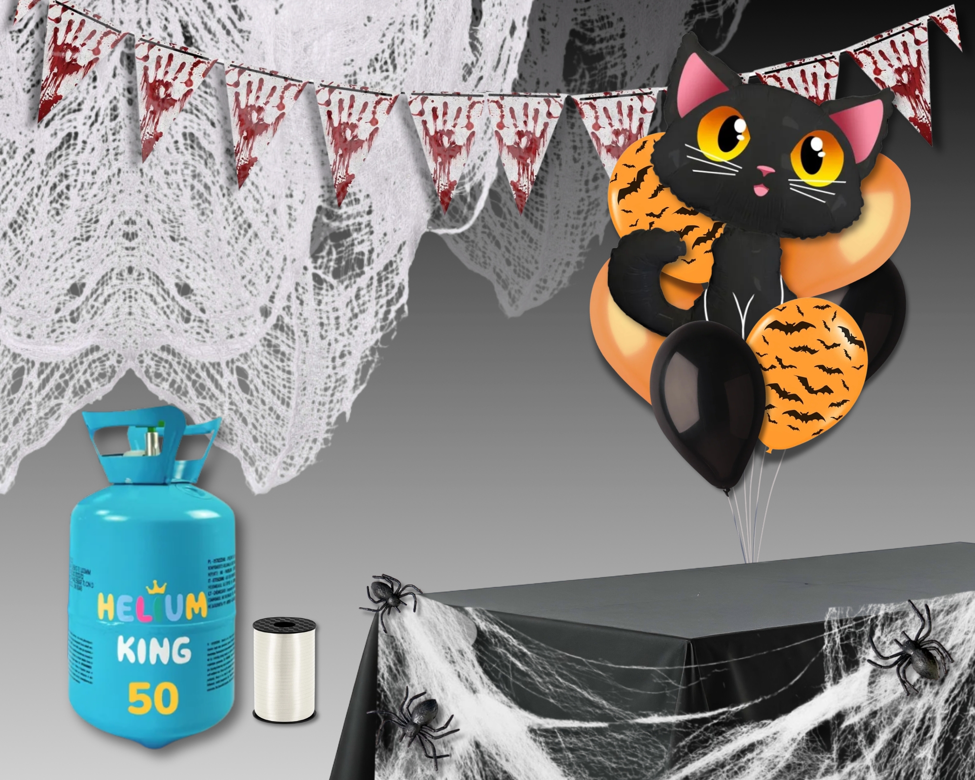 Set - Halloween Helium Party 50 Maxi  Balóny • hélium • stuha • pavúky • banner • záves • obrus • pavučina • fóliový balón