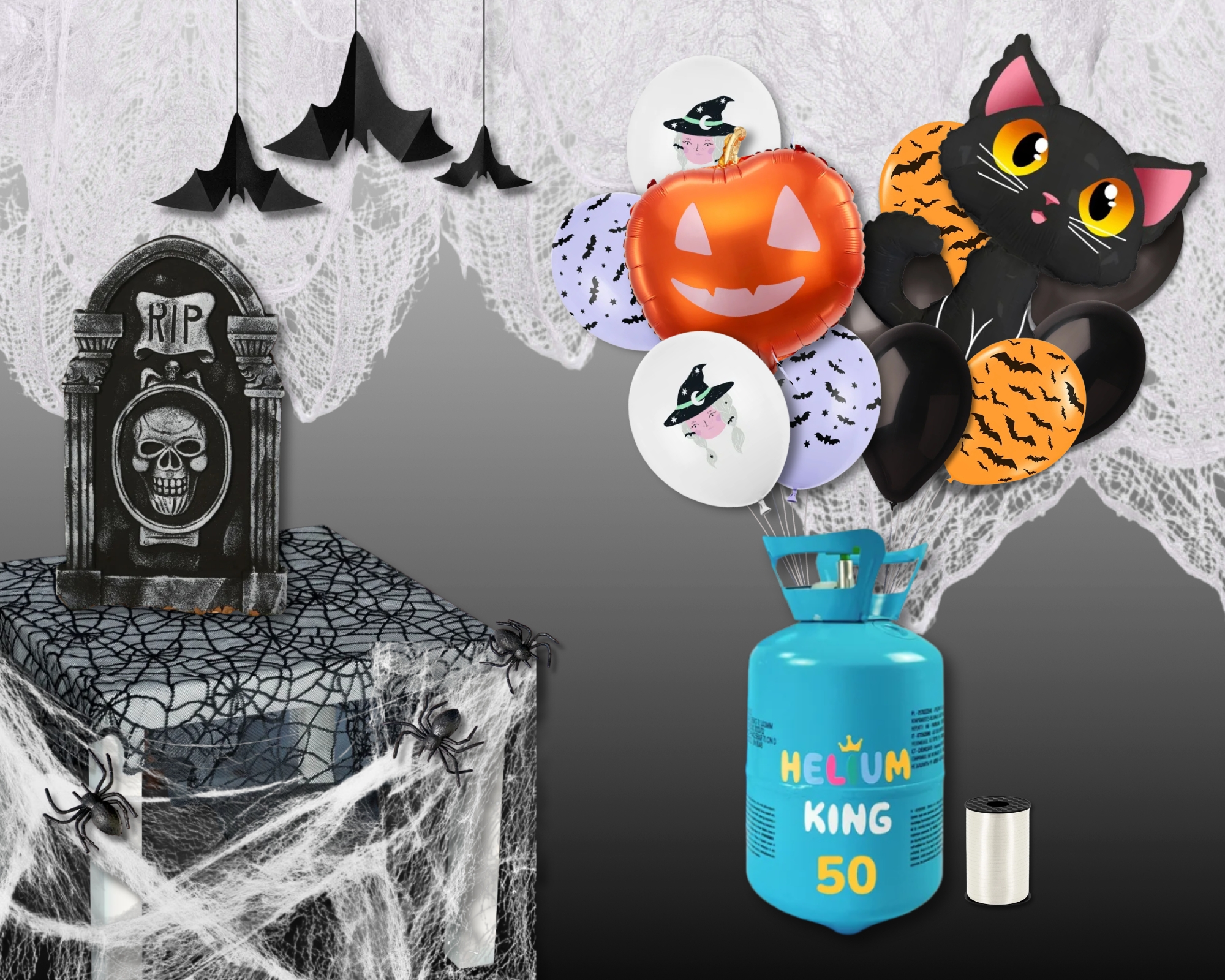 Set - Halloween Helium Party 100 XXL  Balóny • hélium • tekvica • netopiere • pavúky • pavučina • dekorácie