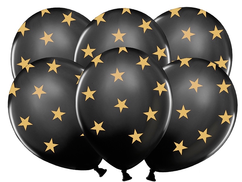 PartyDeco Čierný balónik so zlatými hviezdami