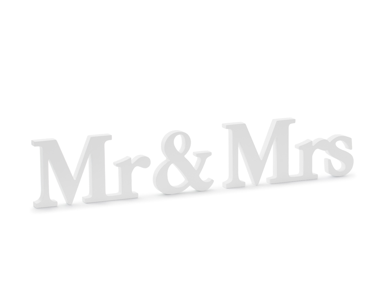 PartyDeco Drevená dekorácia na stôl - Mr & Mrs, biela