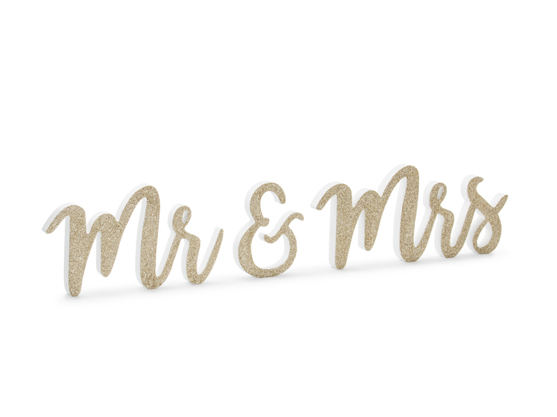 E-shop PartyDeco Drevená dekorácia na stôl - Mr & Mrs, zlatá