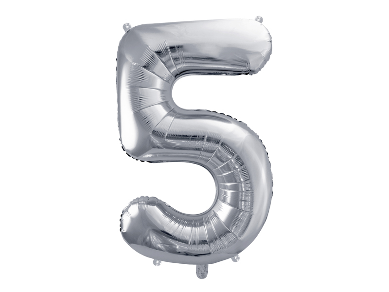 PartyDeco Fóliový balón narodeninové číslo 5 strieborný 86cm