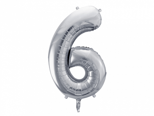 PartyDeco Fóliový balón narodeninové číslo 6 strieborný 86cm