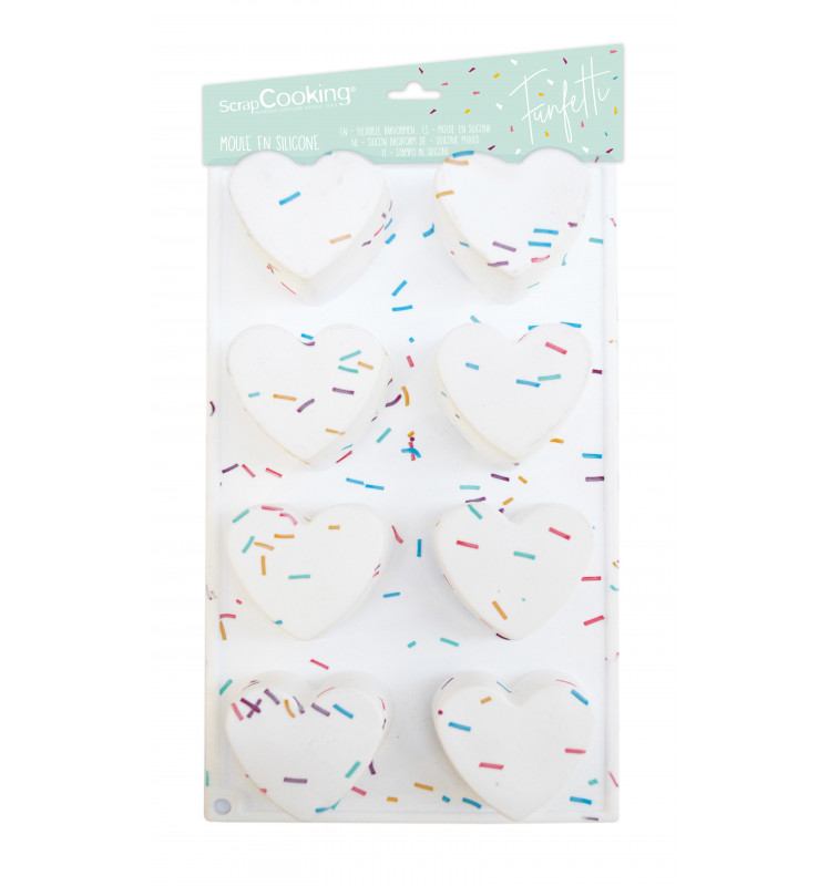Cakesupplies Silikónová forma na pečenie farebná - Srdcia Funfetti 8 ks