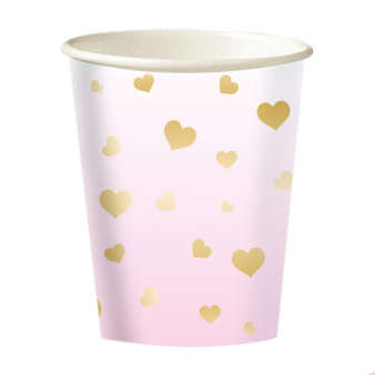 E-shop Amscan Papierové poháre - Ružové so zlatými srdiečkami 250 ml 8 ks
