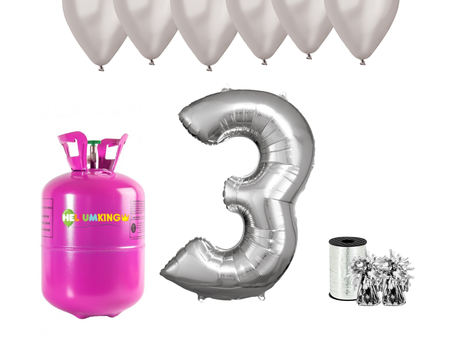 HeliumKing Hélium párty set na 3. narodeniny so striebornými balónmi