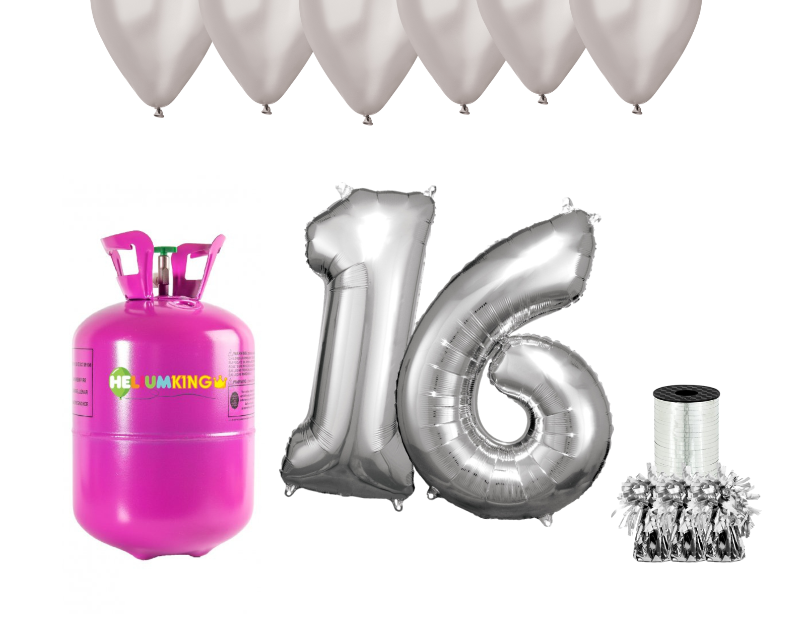 HeliumKing Hélium párty set na 16. narodeniny so striebornými balónmi