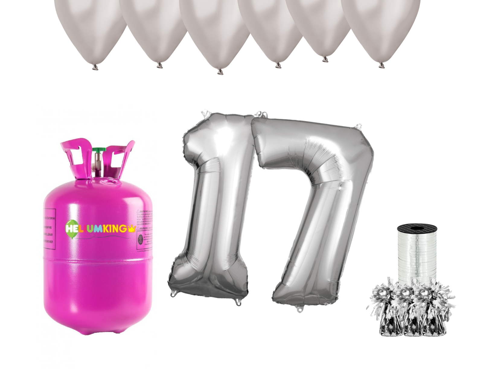 HeliumKing Hélium párty set na 17. narodeniny so striebornými balónmi