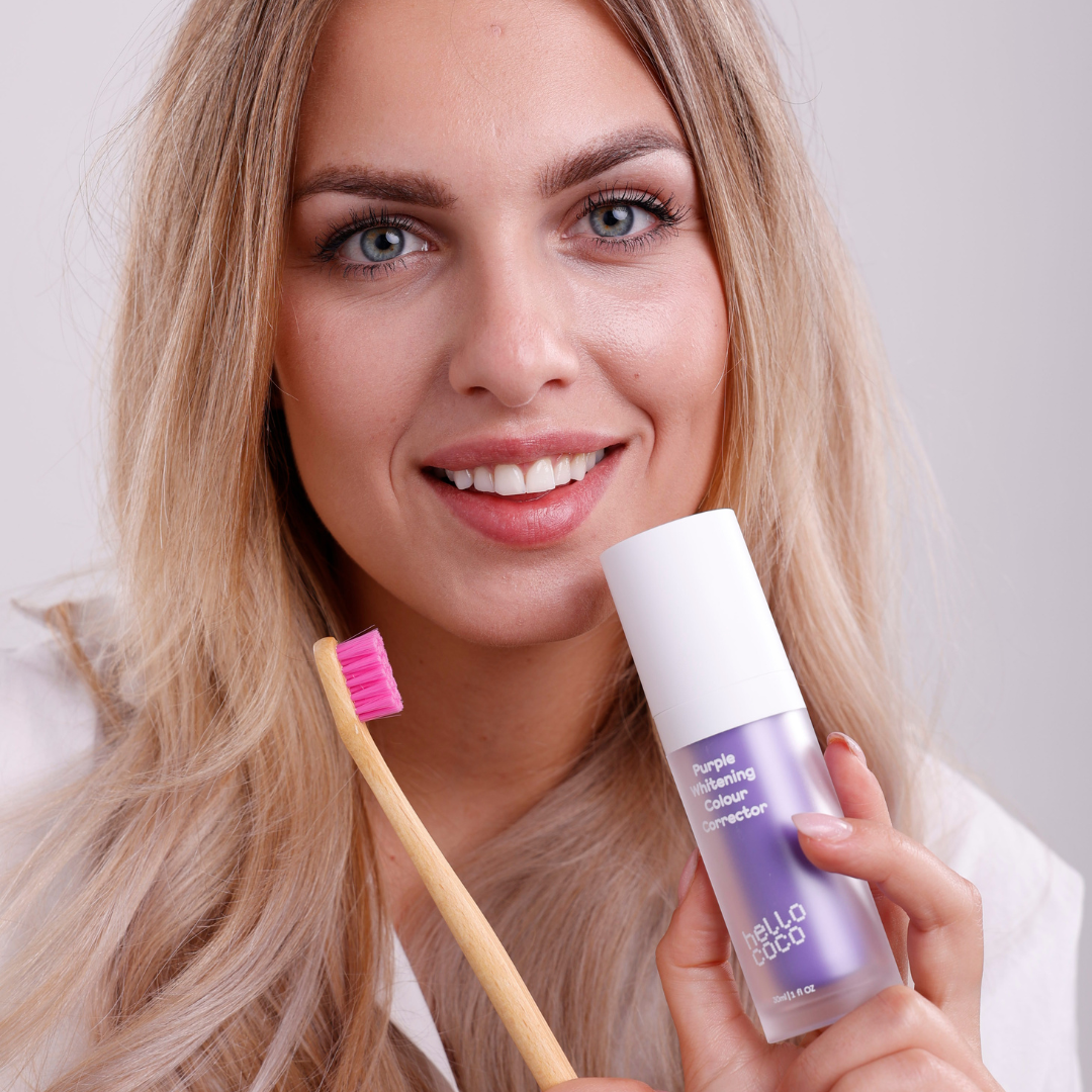 Функцията на цветния коректор Hello Coco за избелване на зъбите с помощта на лилав цвят: Подробен преглед