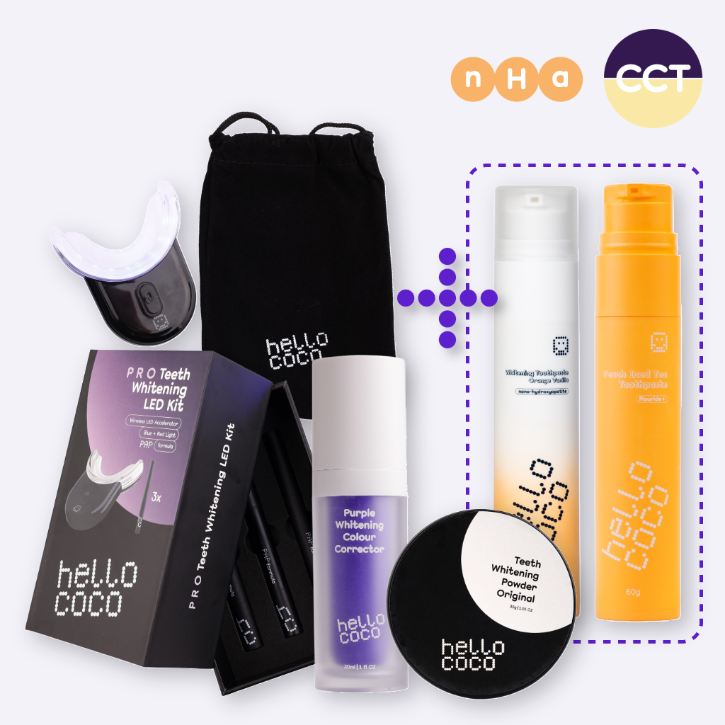 HELLO COCO Set na profesionální LED bělení zubů + dárek broskev a nha orange pasta