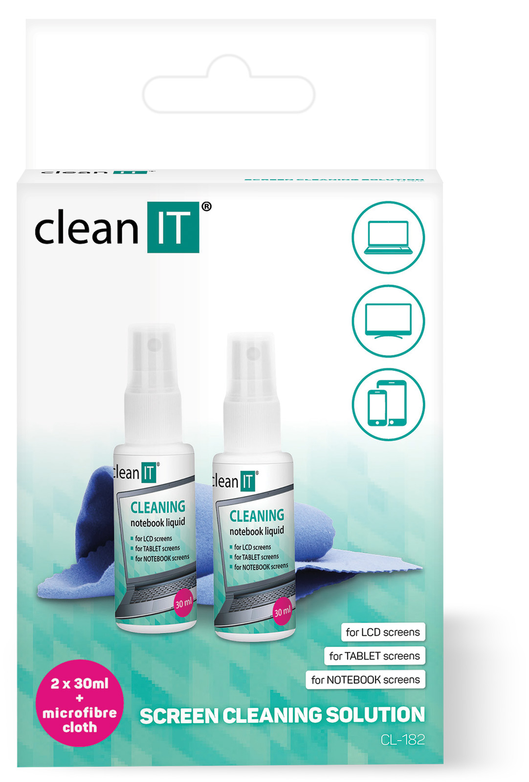 CLEAN IT screen cleaning solution with cloth, 2x30ml
