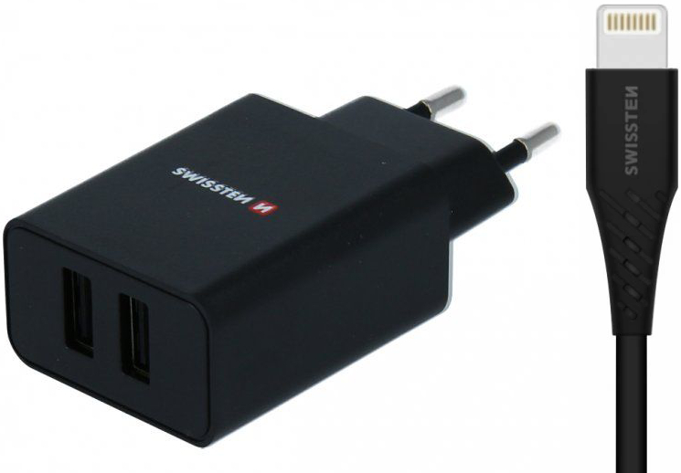 Swissten Travel Adapter 2xUSB-A 10,5W + 1.2m USB-A/Lightning - Black