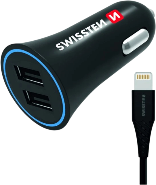 Swissten Car Charger 2xUSB-A + 1.2m USB-A/Lightning