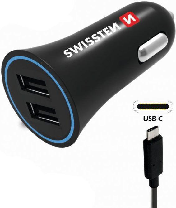 Swissten Car Charger 2xUSB-A + 1.2m USB-A/USB-C