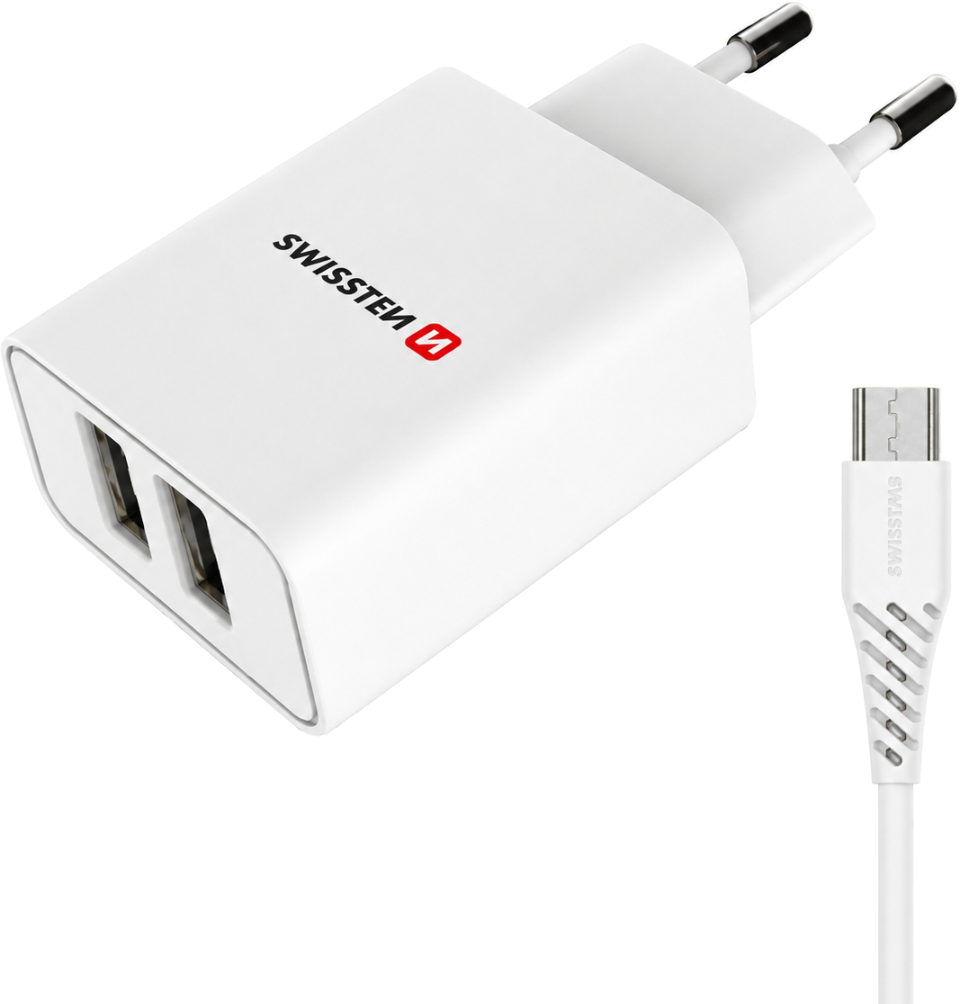 Swissten Travel Adapter 2xUSB-A 10W + 1.2m USB-A/USB-micro - White