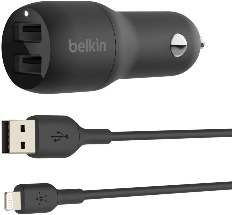 Belkin Dual Car Charger 2xUSB-A + 1m USB-A/Lightning - Black