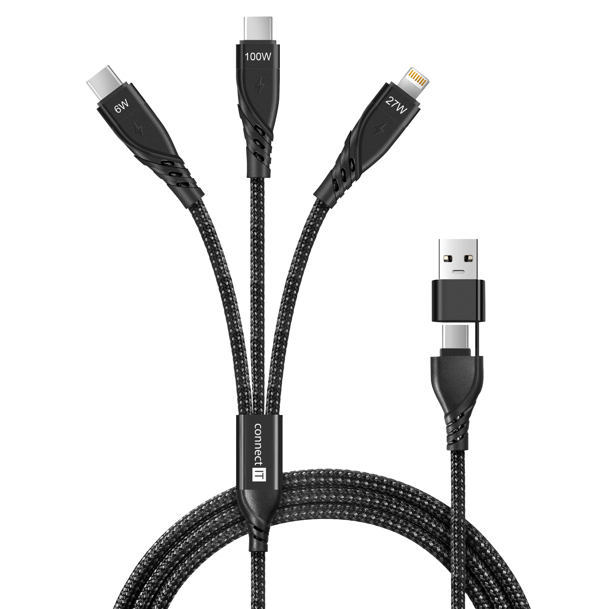 CONNECT IT Wirez 6in1 2× USB-C + Lightning (1,25m) Black