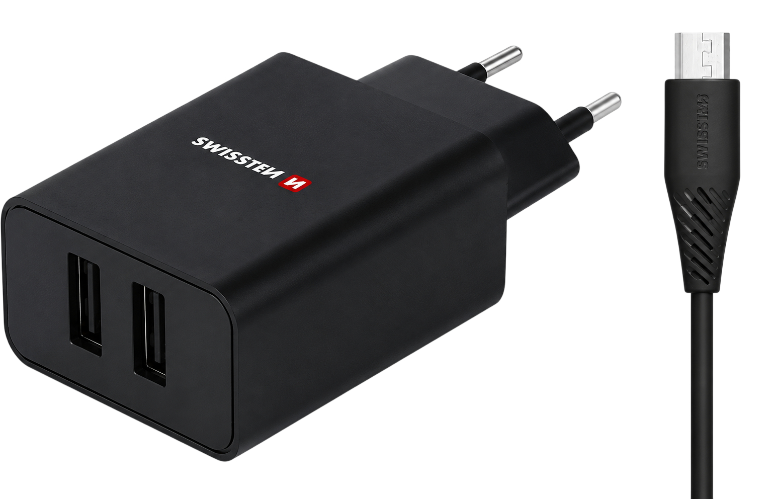Swissten Travel Adapter 2xUSB-A 10,5W + 1.2m USB-A/USB-Micro Black