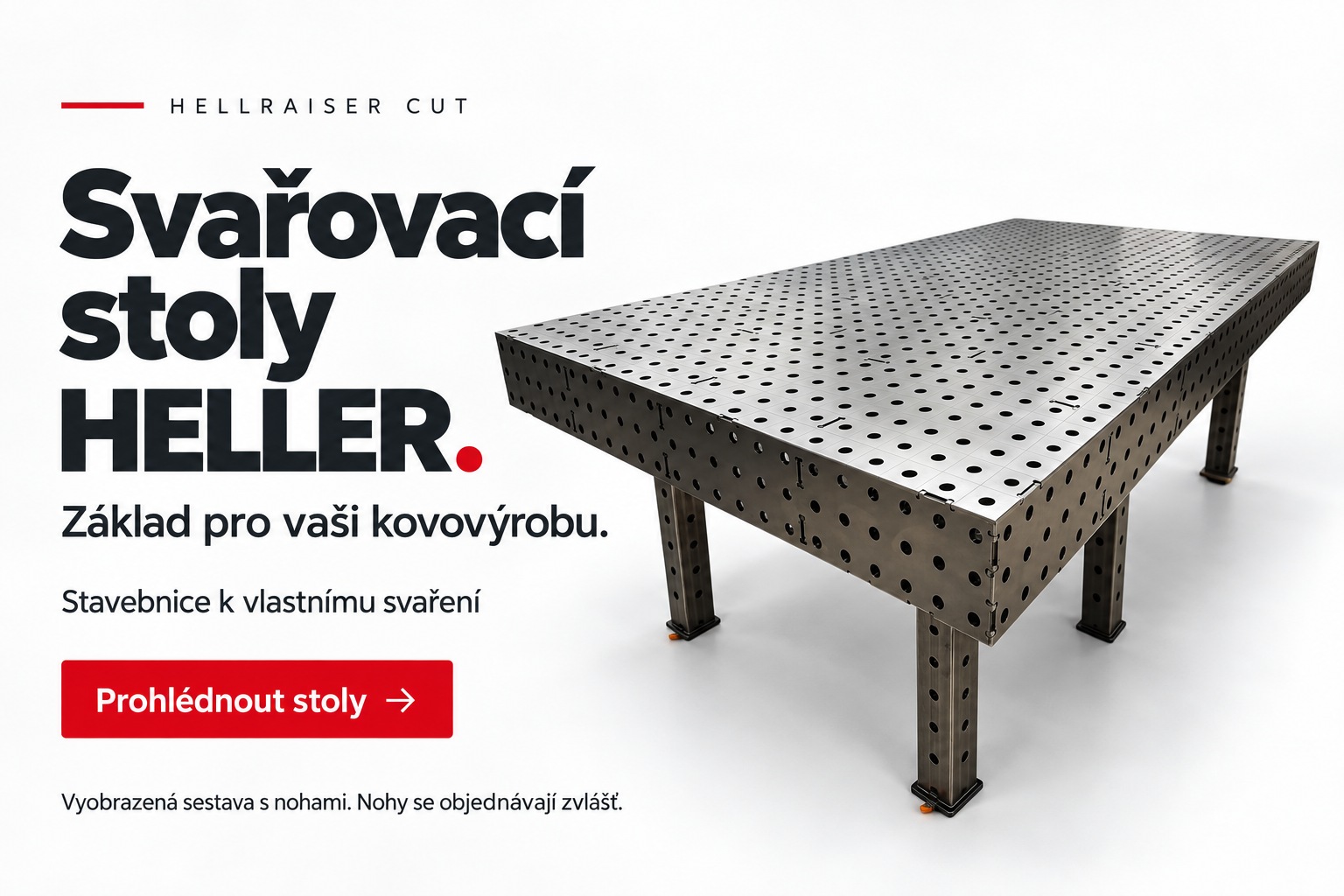 3D svařovací stůl HELLER s perforovanou pracovní deskou, vyobrazený v sestavě s nohami.