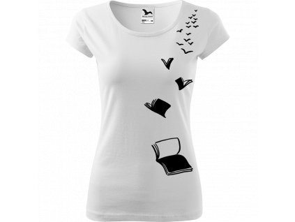 Ručně malované triko bílé s černým motivem - Létající knihy