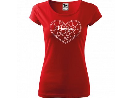 Ručně malované triko červené s bílým motivem - Puzzle Srdce