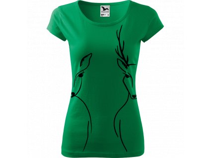 Ručně malované triko středně zelené s černým motivem - Srnka & Jelen - Na bocích