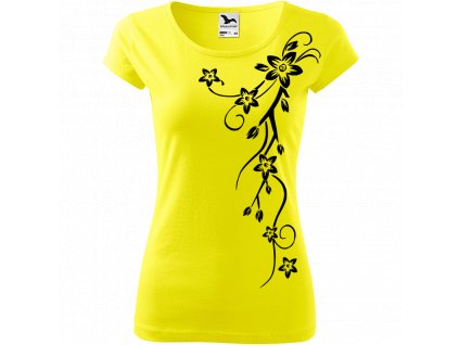 Ručně malované triko citronové s černým motivem - Květiny (menší)