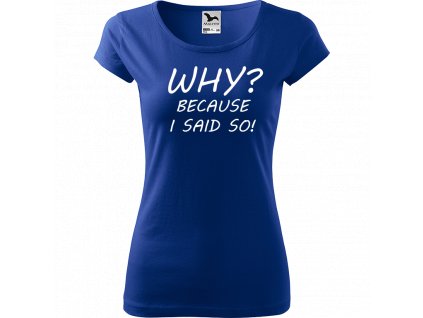 Ručně malované triko modré s bílým motivem - Why? Because I said So!