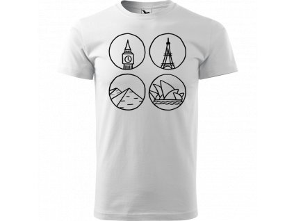Ručně malované triko bílé s černým motivem - Big Ben, Eiffellovka, Pyramidy a Opera v Sydney