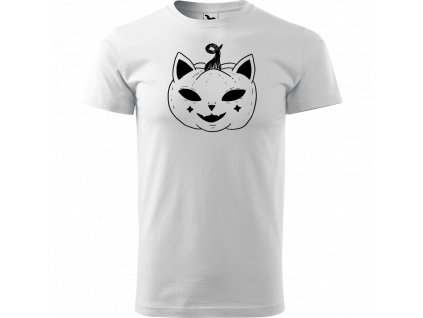 Ručně malované triko bílé s černým motivem - Halloween kočka - Dýně