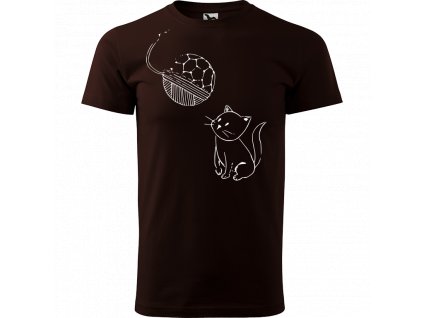Ručně malované triko kávové s bílým motivem - Kotě s Fullerenem